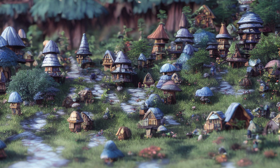 Enchanting fairy-tale village with mushroom-shaped houses