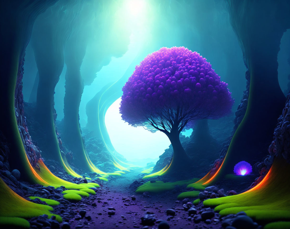 Fantasy forest digital art with glowing purple tree & neon pathways