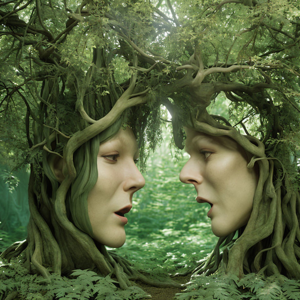 Tree spirits with intertwining branches in lush forest portrait