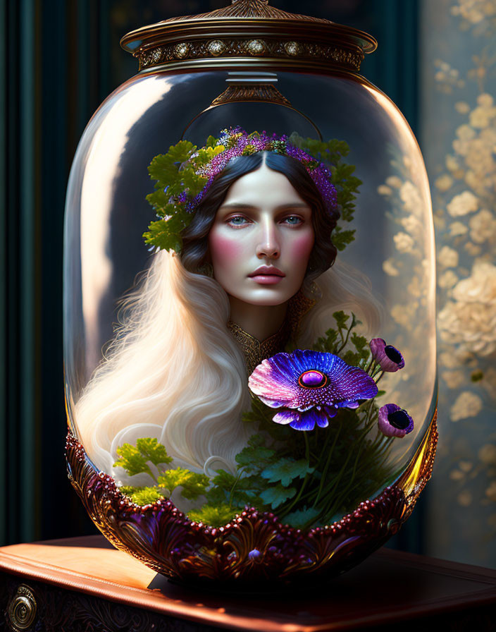 Surrealist portrait of woman with long blonde hair in glass vase