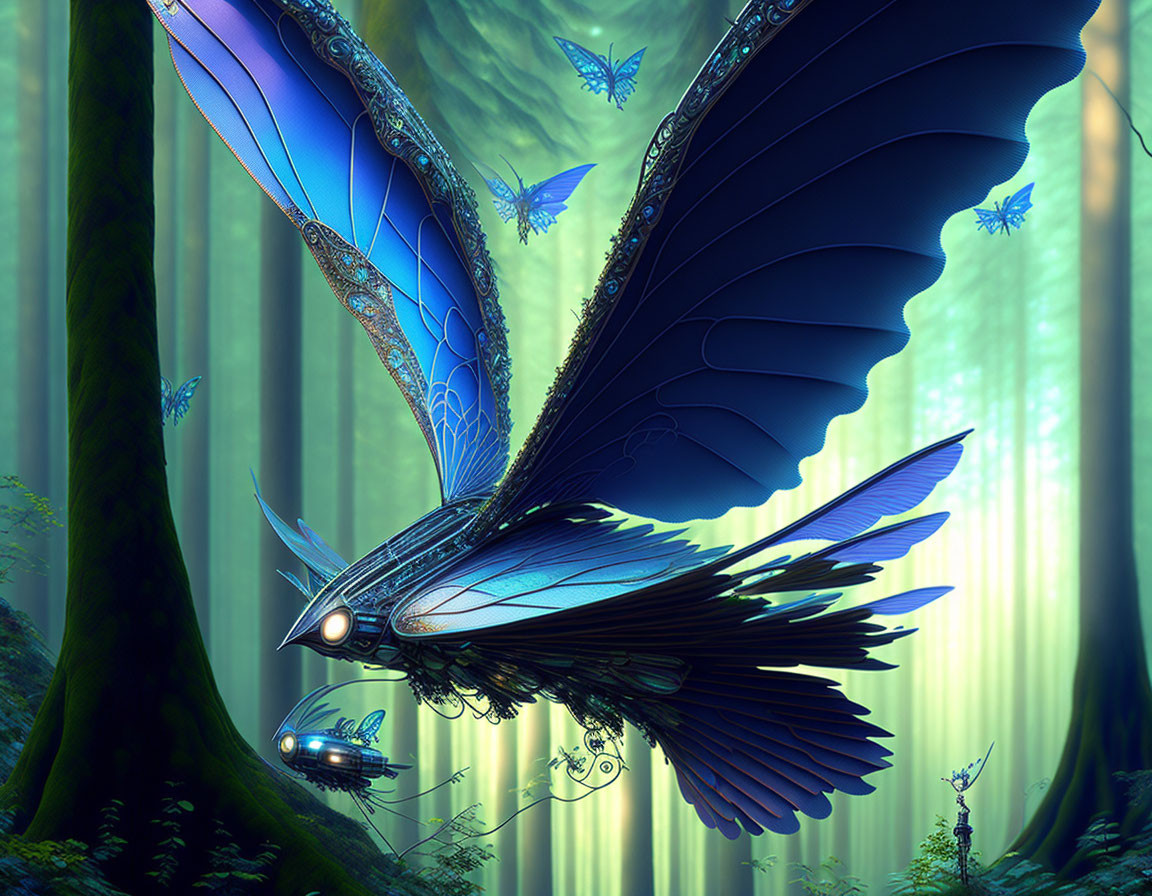 Shimmering blue mechanical bird in enchanted forest with glowing butterflies