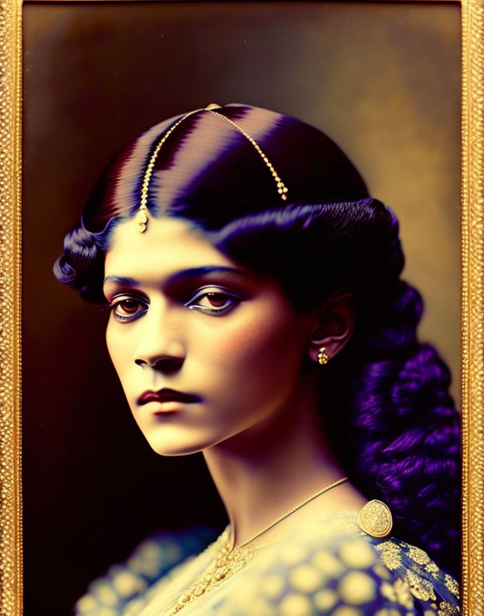 Elaborately adorned woman in traditional attire with vintage frame