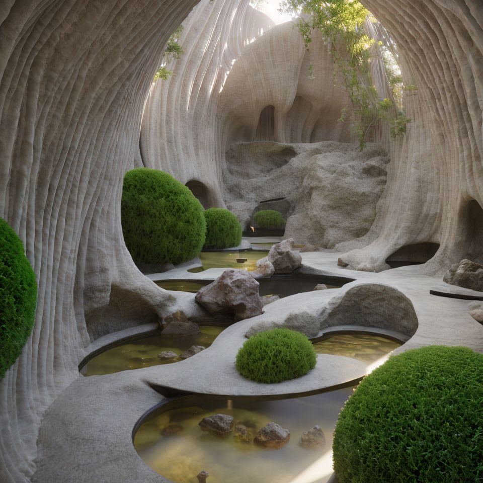 Tranquil garden with rock formations, ponds, and greenery