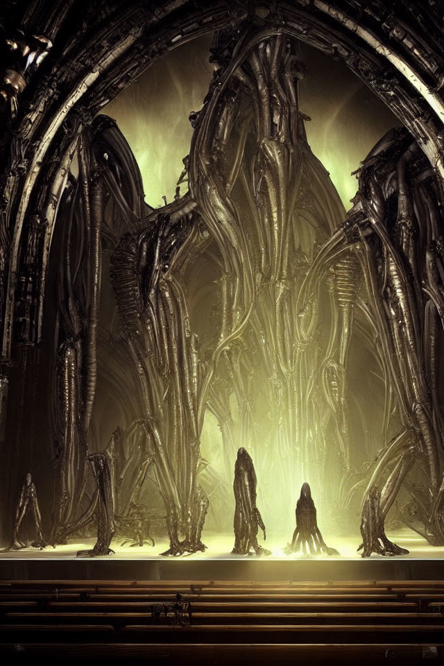 Gothic scene with alien figures and grand arched structure