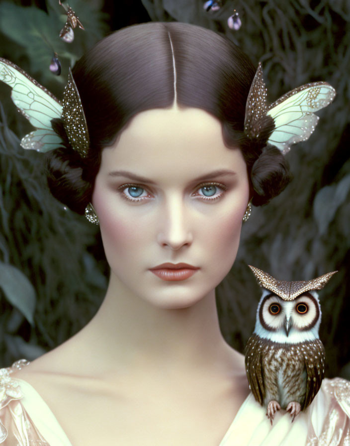 Woman with Blue Eyes and Double Buns Accompanied by Owl