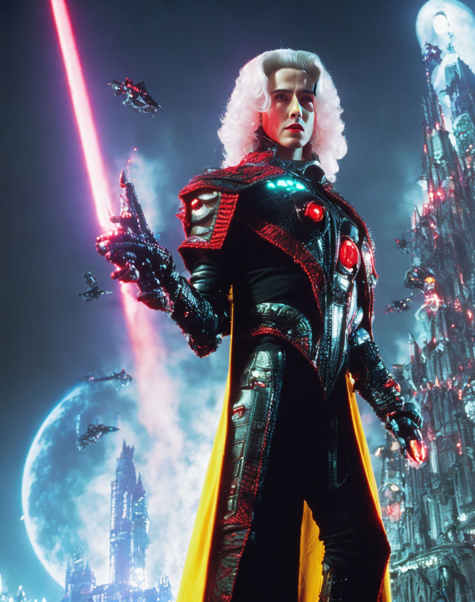 Person in Red & Black Costume with Cityscape & Celestial Ships