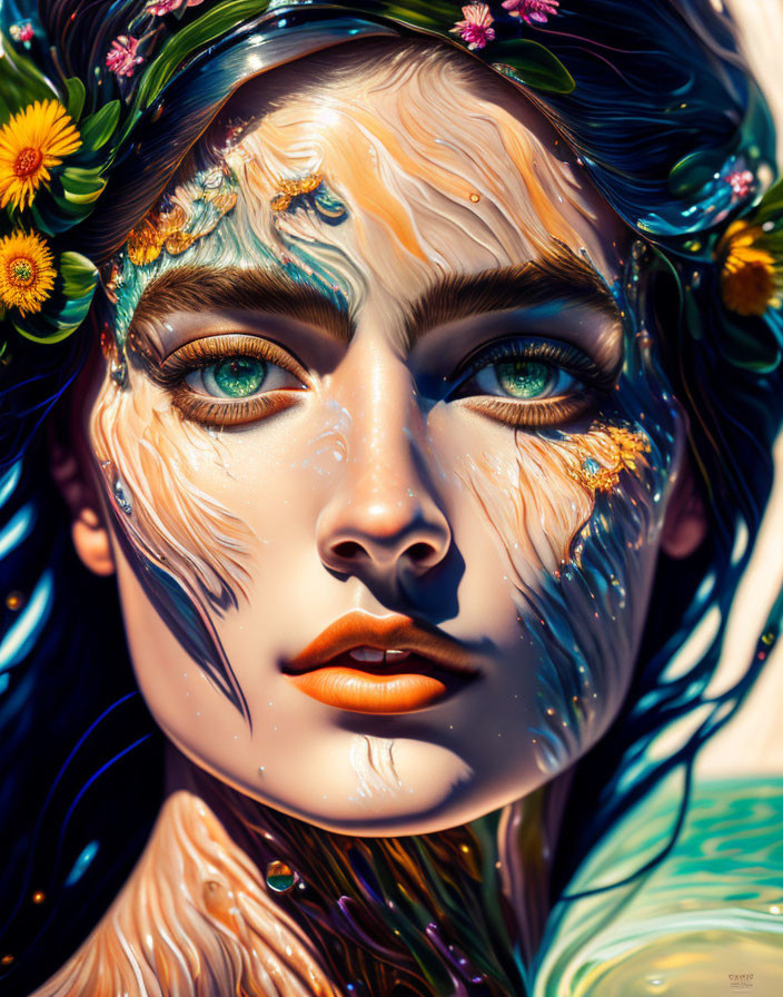 Colorful portrait featuring flowers, shimmering textures, and vivid blue hair