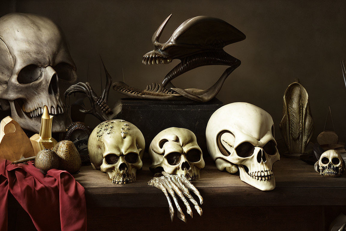 Macabre Still-Life Display: Skulls, Skeleton Hand, Alien Head