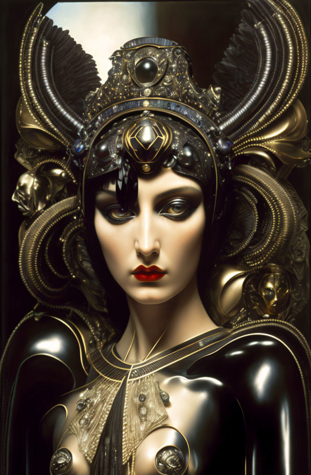 Woman in Dramatic Fantasy Makeup with Ornate Headdress in Dark Hues