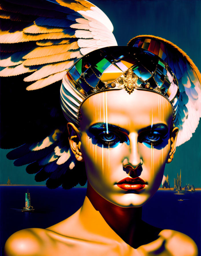 Surreal portrait of figure with shaved head and mosaic headdress on maritime backdrop