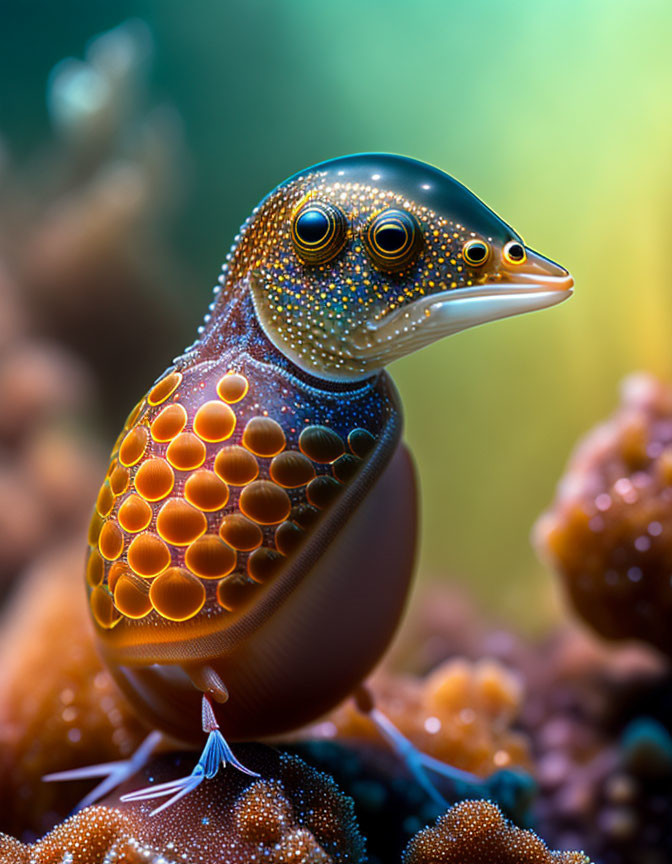 Colorful bird with intricate patterns on blurred green background