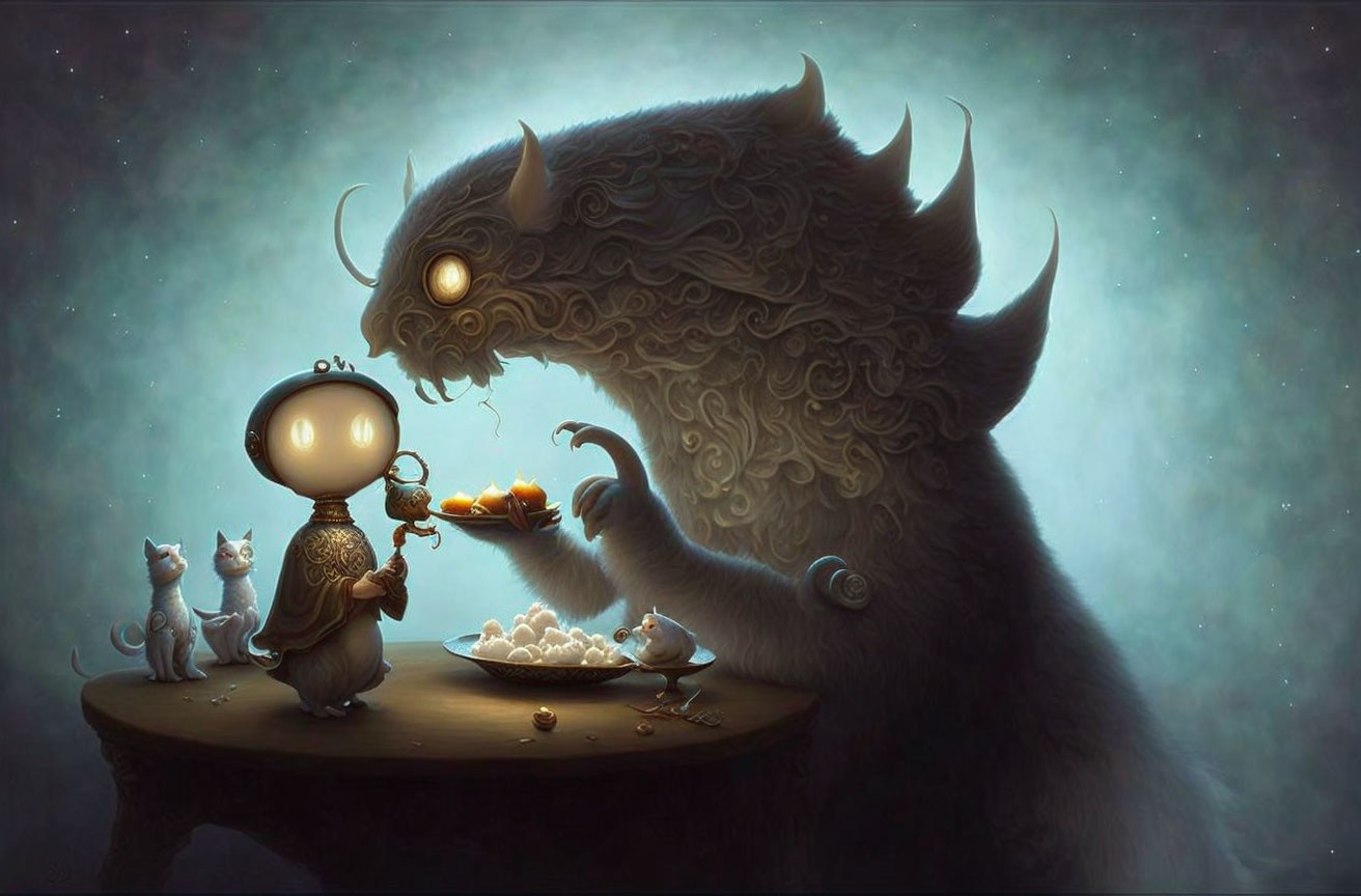 Whimsical illustration: Furry creature with horns, light bulb being, and two cats.