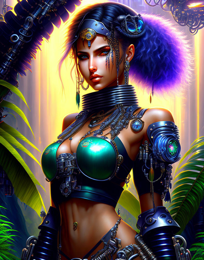 Female cyborg digital art with intricate mechanical arms and futuristic headpiece on tropical background