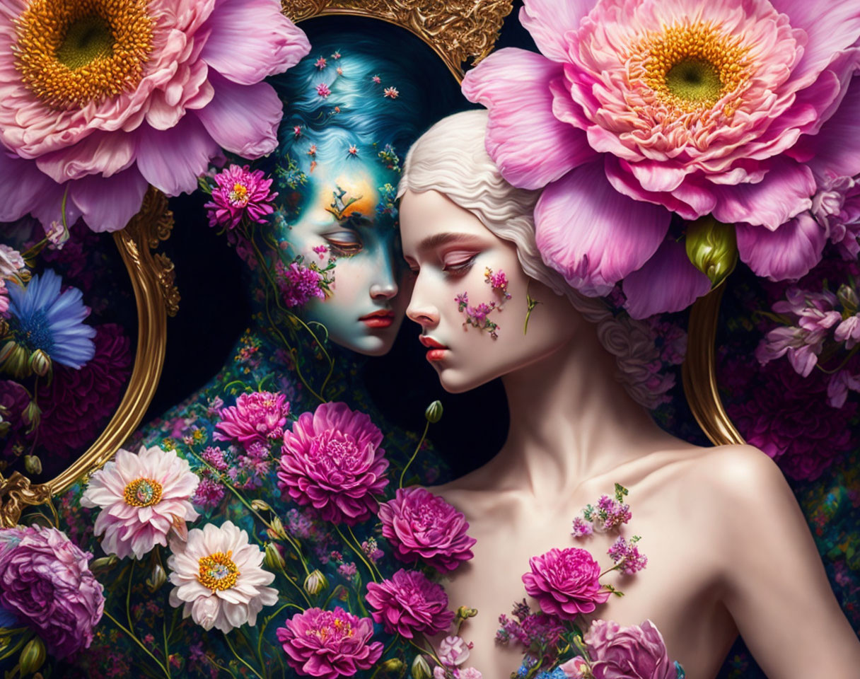 Surreal female figures with floral motifs and colorful blossoms in ornate mirror