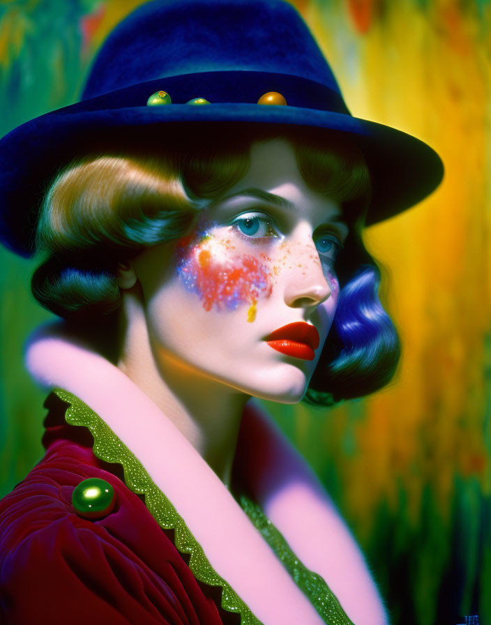 Woman with Bobbed Hair and Artistic Makeup in Colorful Beaded Hat on Abstract Background