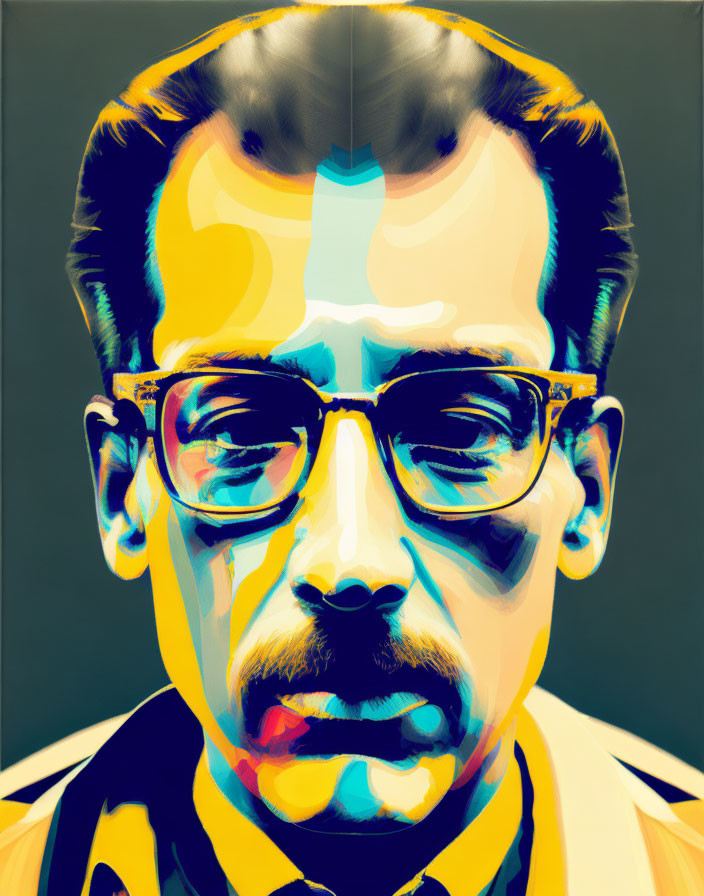 Vibrant portrait of a man with glasses and mustache on yellow background