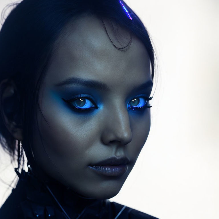 Striking Blue Eye Makeup with Neon Blue Light Accents