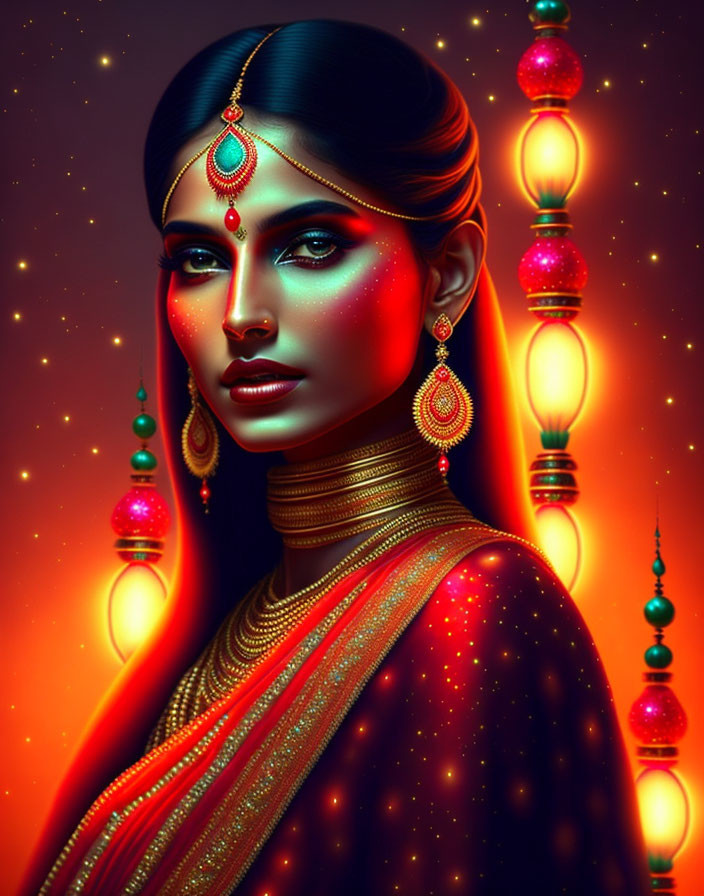 Digital artwork: Woman with deep blue skin and Indian jewelry in lantern-lit setting