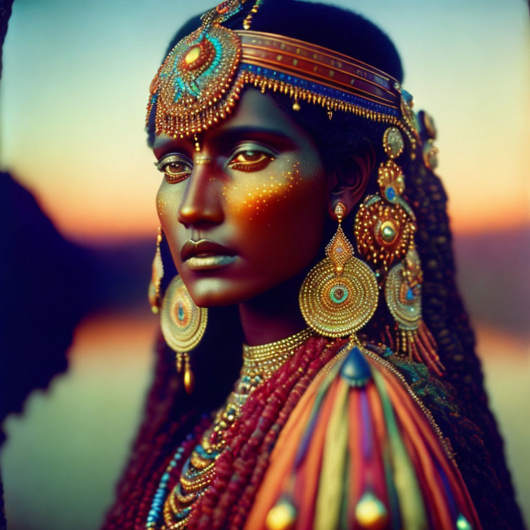 Woman with Striking Makeup and Ornate Headdress at Sunset