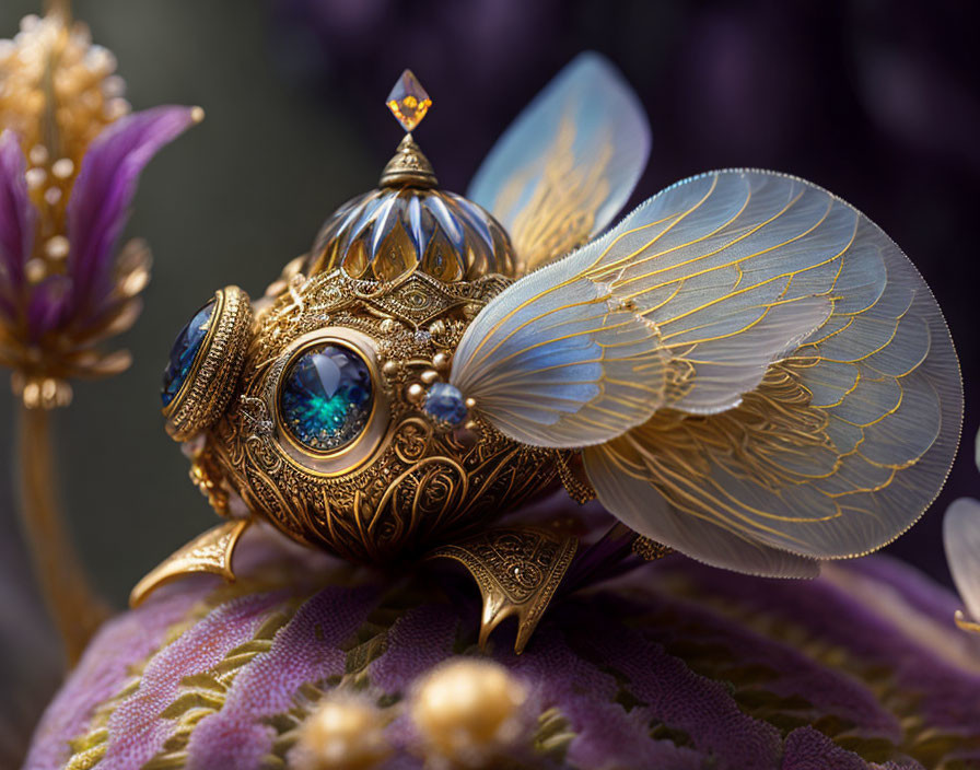 Macro Shot of Golden Fish Figurine with Transparent Wings on Purple Floral Background