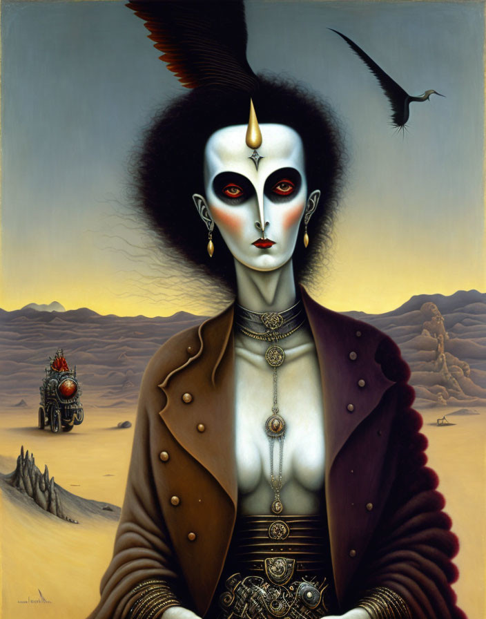 Pale woman with black hair and three eyes in surreal portrait against desert backdrop with bird and strange vehicle.