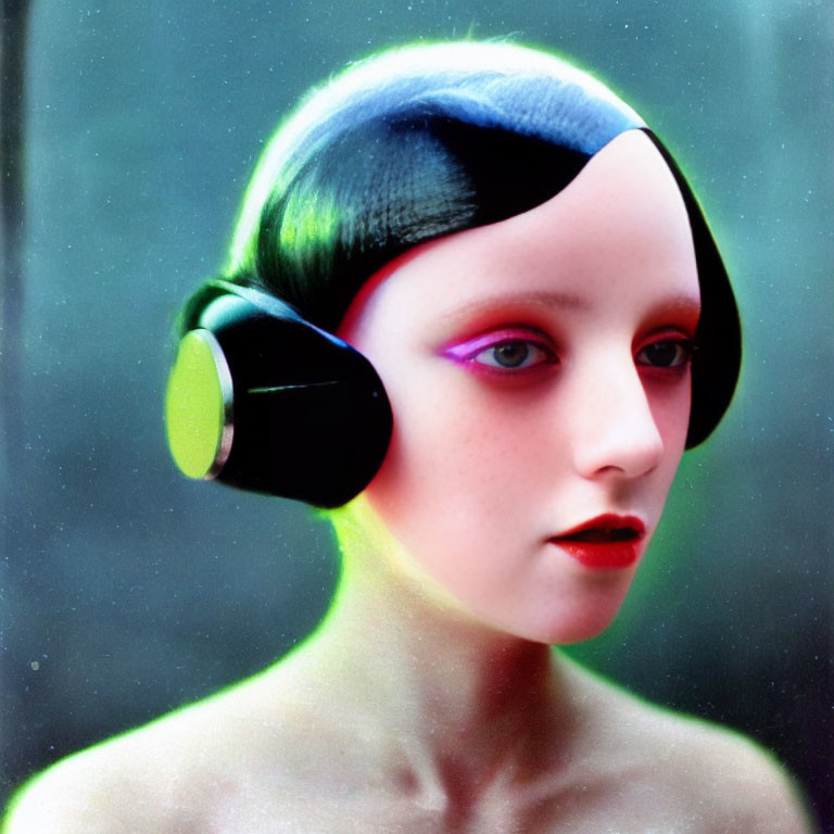 Digital portrait of person with pale skin, dark hair, bright makeup, futuristic headphones, blurred backdrop.