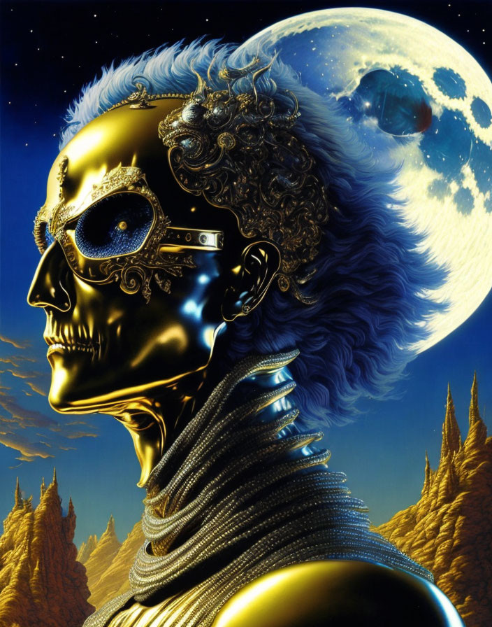 Surreal portrait of robotic skull with golden decorations on alien landscape