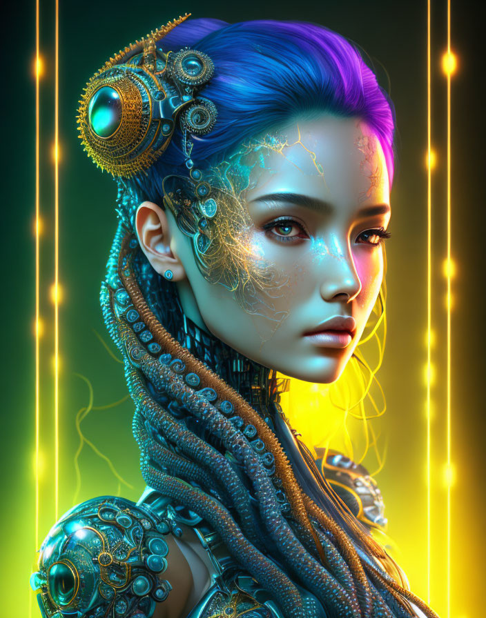 Blue-haired woman with cybernetic enhancements in neon-lit digital portrait