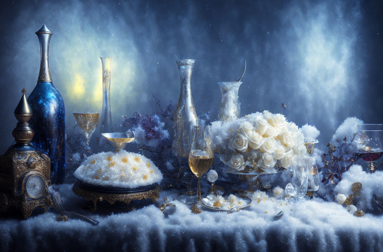 Luxurious white flowers, wine glasses, decanter, and ornate vessels on snowy backdrop