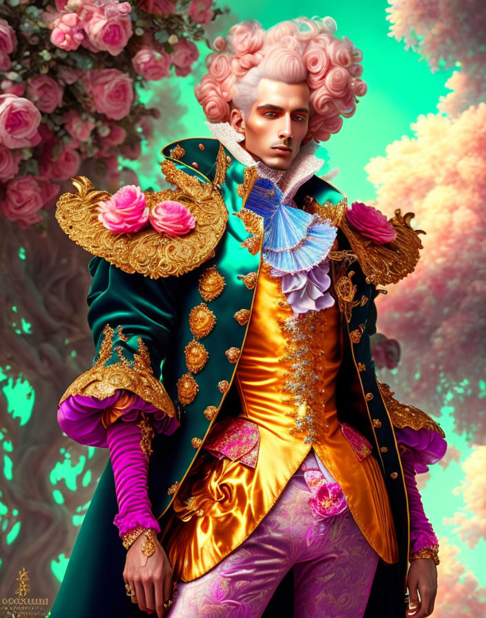 Flamboyant Figure in Historical Clothing with Gold Trim and Roses