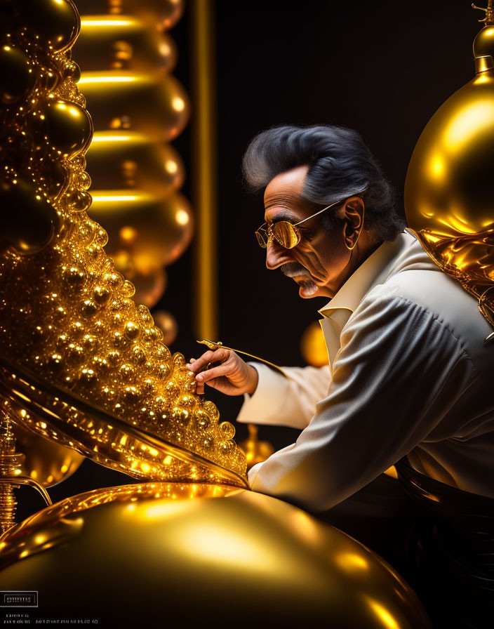 Person with sunglasses examining golden ornate structure and spherical ornaments under warm light