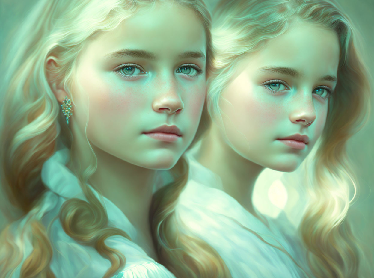 Twin girls digital art with blonde hair and blue eyes