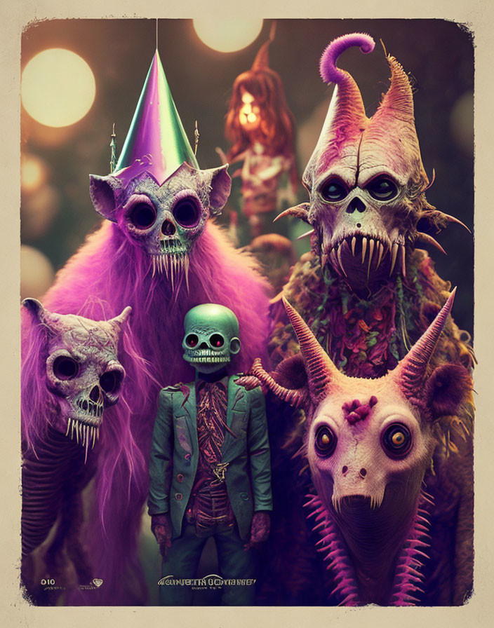 Fantastical Creatures with Skull-like Faces and Colorful Costumes