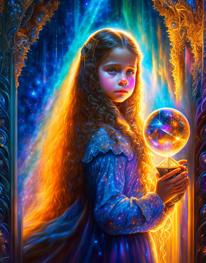 Young girl with wavy hair holding glowing orb in cosmic golden backdrop