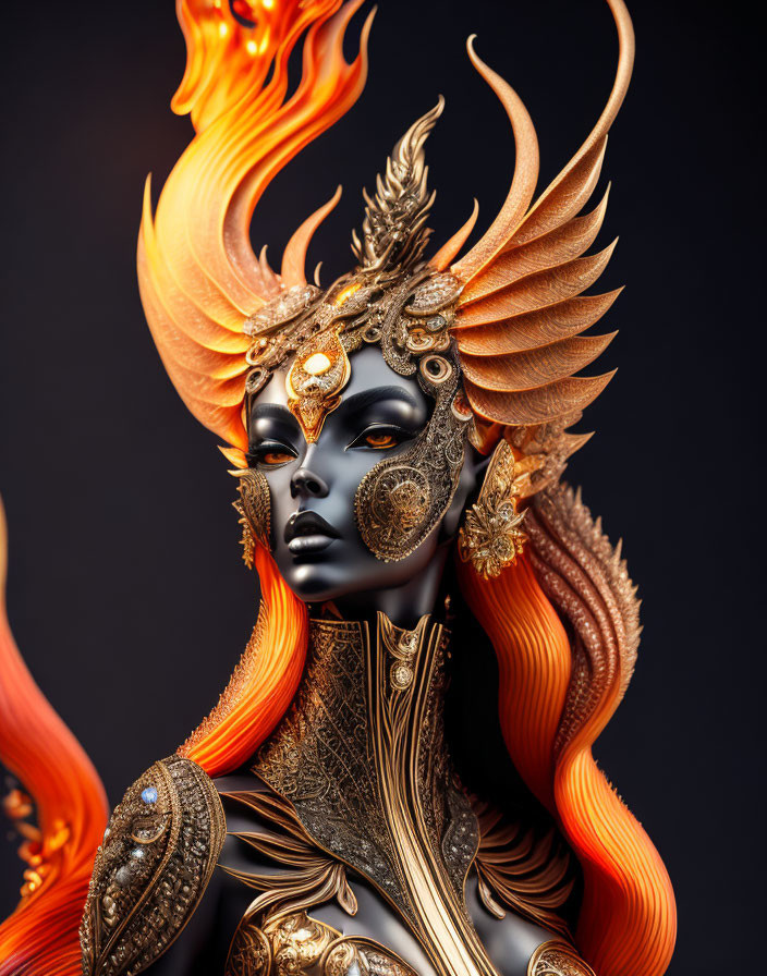 Surreal 3D illustration: female figure with golden facial embellishments and flame-like hair on