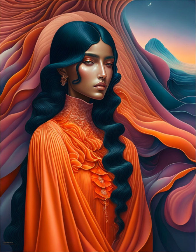 Surreal portrait of woman in orange garments with wavy hair in vibrant landscape