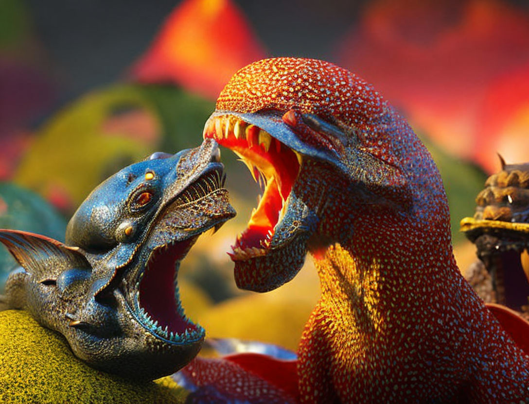 Colorful animated dinosaurs in roaring face-off against vibrant prehistoric backdrop