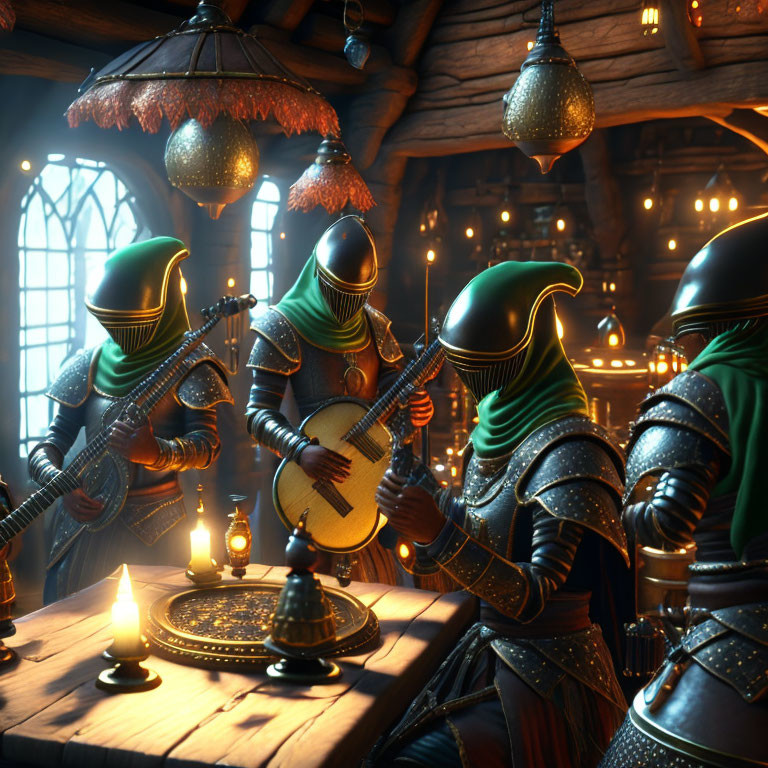 Armored knights playing instruments in a medieval tavern setting