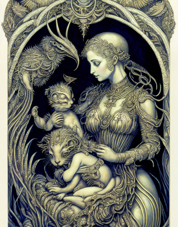 Detailed illustration: Woman in ornate attire with mythical creatures in ornamental frame