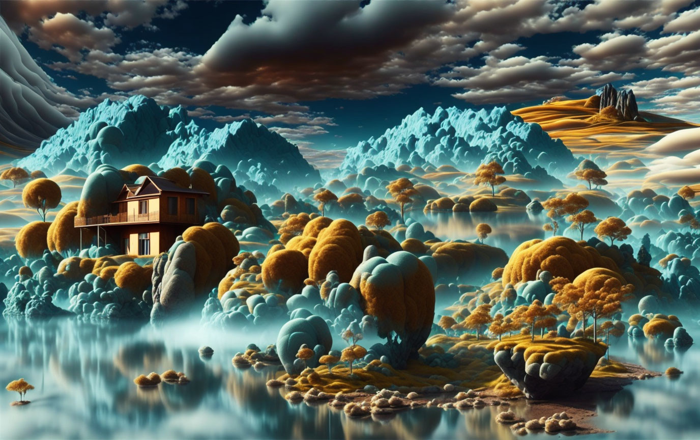 Surreal landscape with house, golden foliage, and dramatic blue sky