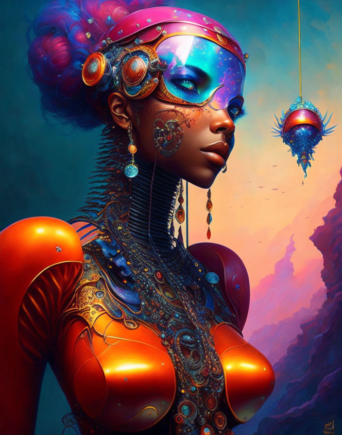 Vibrant futuristic female figure with elaborate headgear and ornate body armor