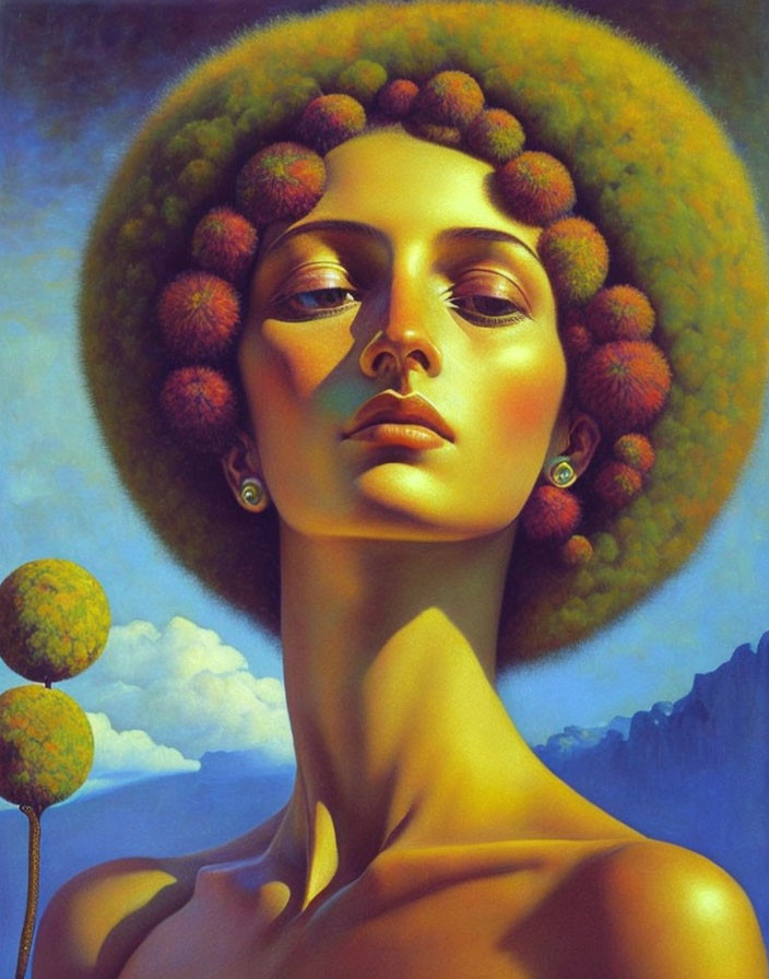 Surrealist portrait of a woman with tree-like halo and colorful foliage hair