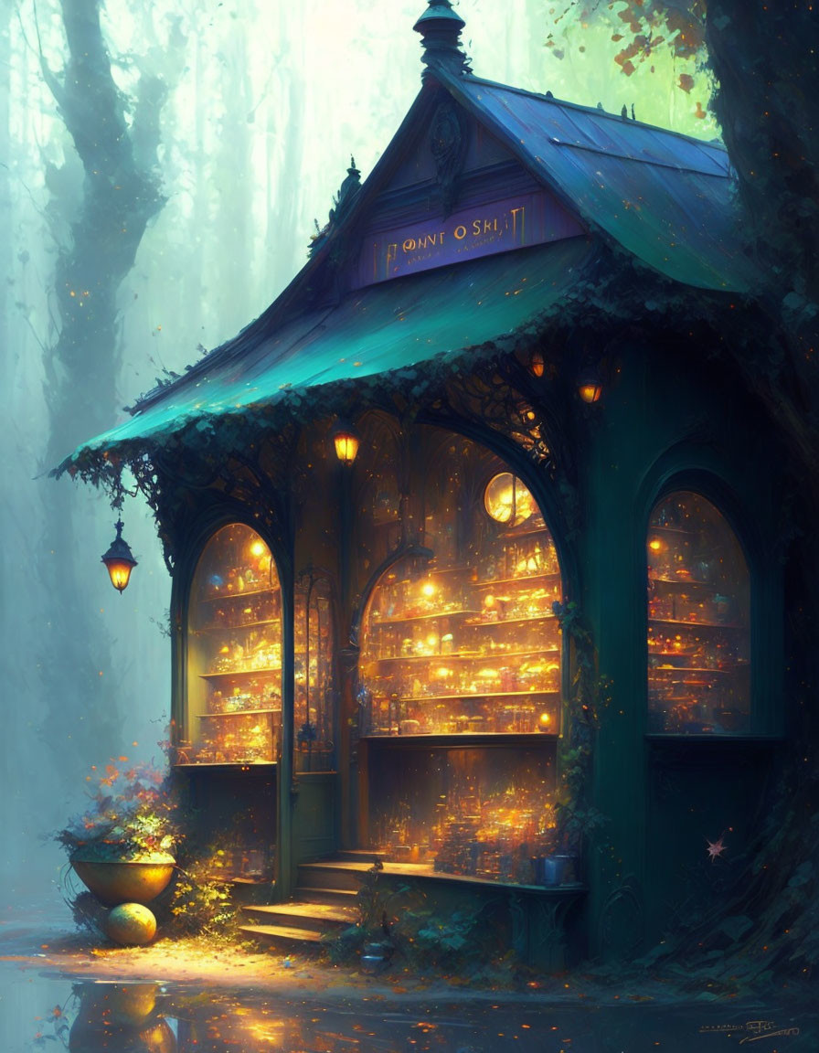 Enchanted forest bookstore with glowing shelves and classic street lamp