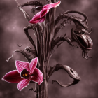 Vibrant purple orchids in textured vase on bokeh background