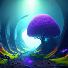 Fantasy forest digital art with glowing purple tree & neon pathways