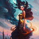 Fantastical female figure in gold dress with flowing hair under twilight sky