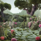 Fantasy landscape with pink blossoms, greenery, and whimsical trees