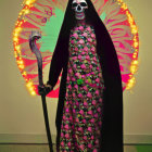 Colorful figure with skull mask, heart robe, and staff in vibrant backdrop