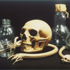 Dark still life with human skull, animal skulls, snake skeleton, glass bottles, and white flowers.