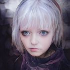 Mystical woman portrait with pale skin, green eyes, white hair, and purple accents on dark